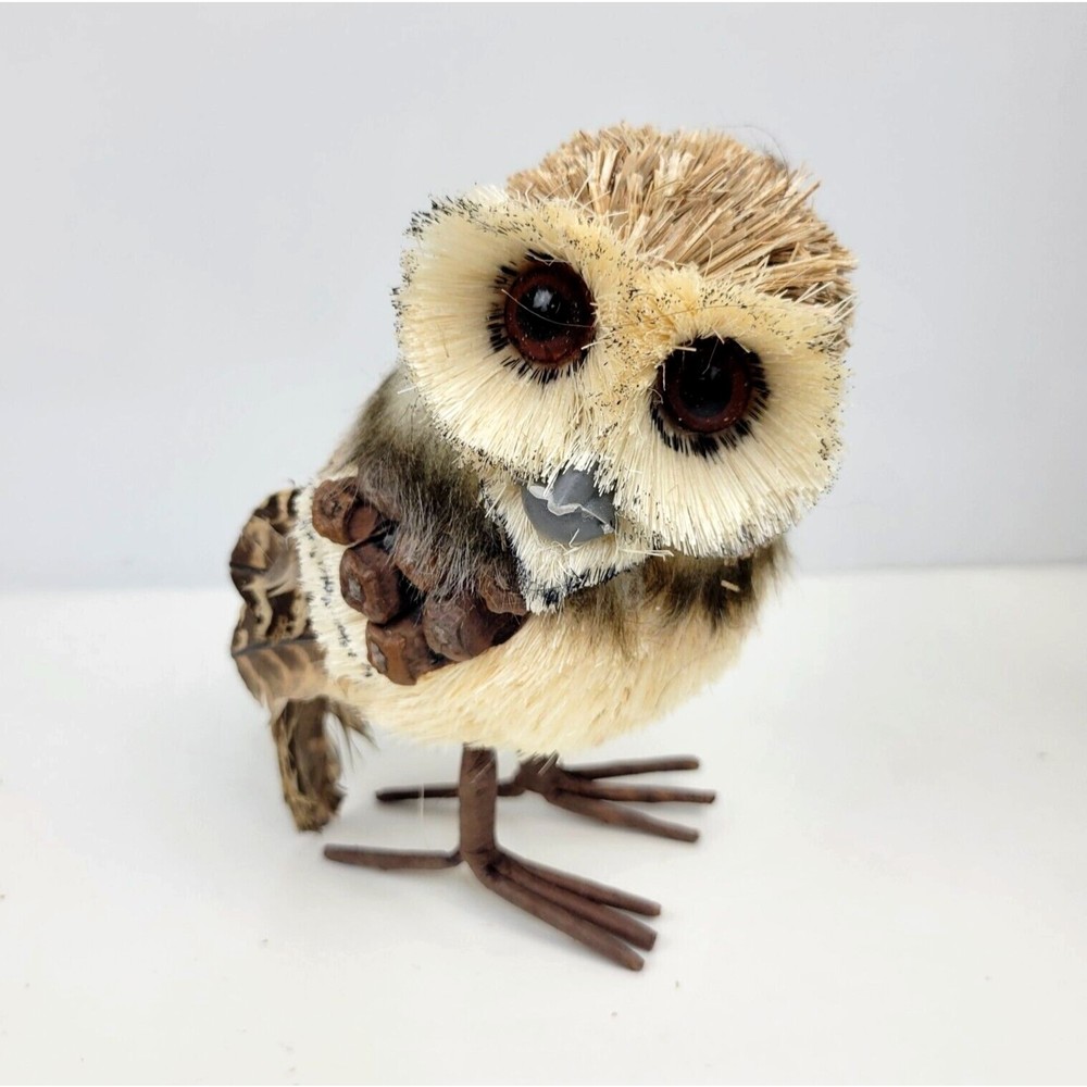 Vintage Sisal Buri Bristle Horned Owl Figurine with Real Feathers and Pine Cones